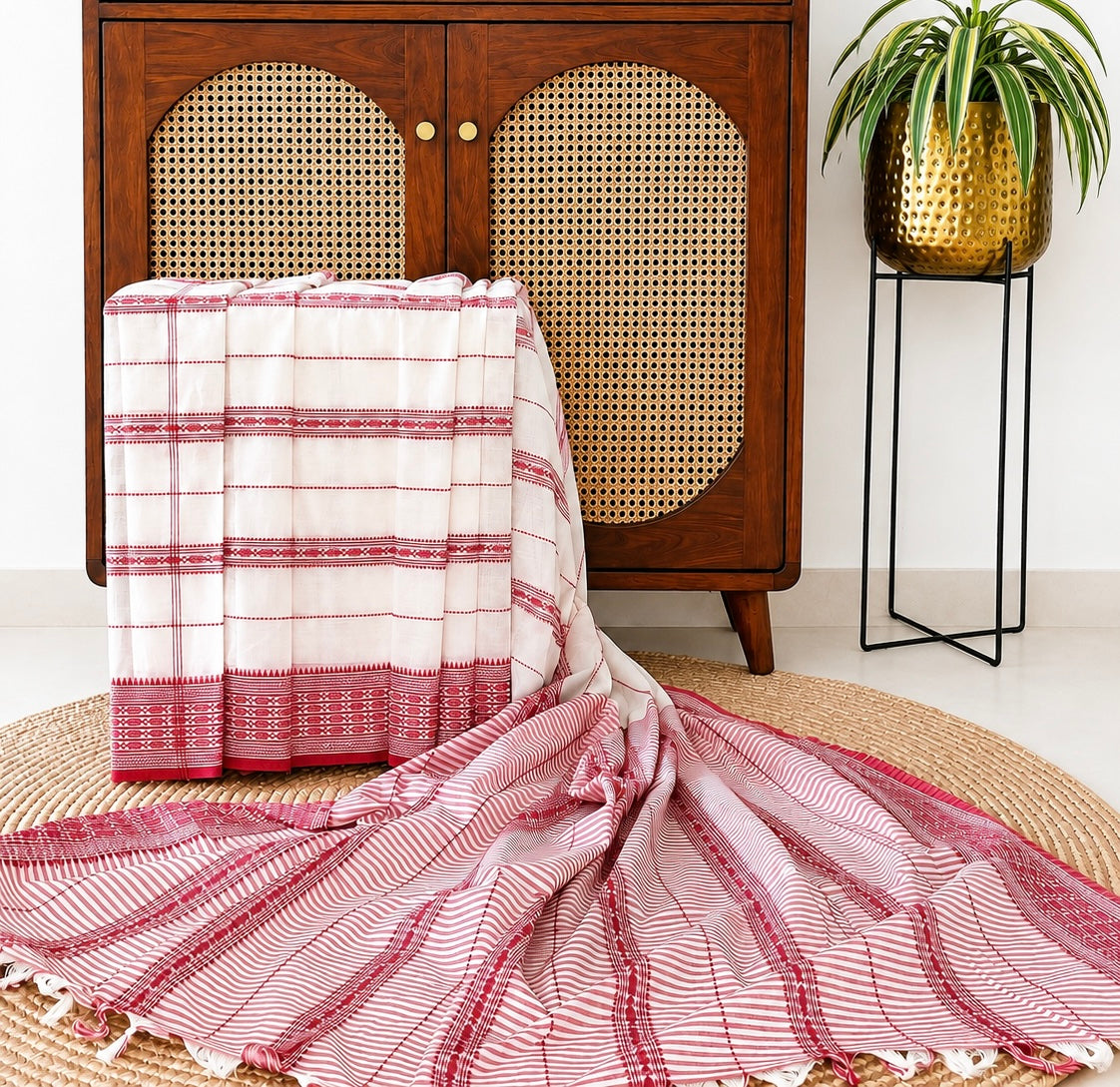 White Bengal Cotton Begampuri Saree | Maach Motifs