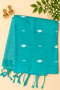 Teal Green Jamdani Mul Cotton Saree with Stripes on Palla