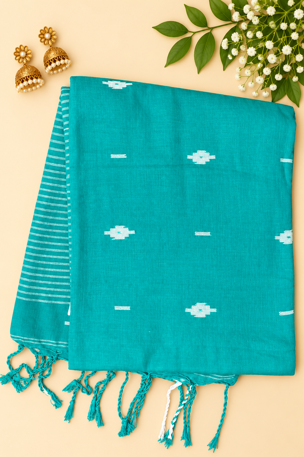 Teal Green Jamdani Mul Cotton Saree with Stripes on Palla