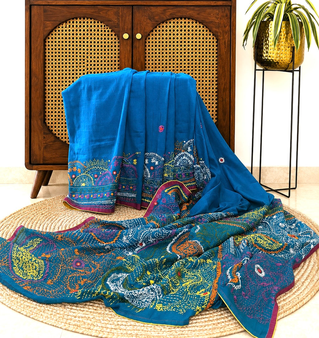Peacock Green Kantha Cotton Saree