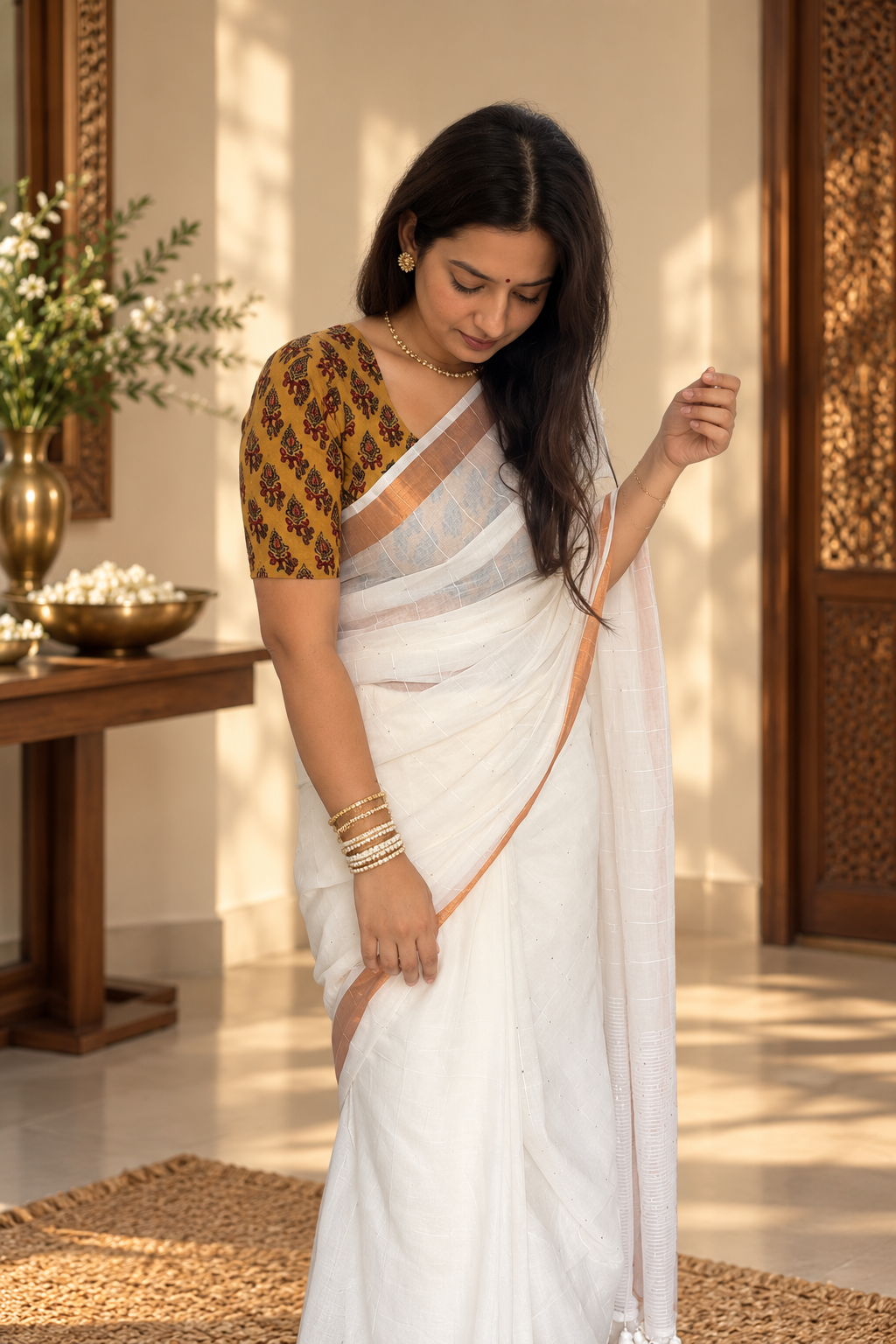 Ivory Mul Cotton Saree with Sequins