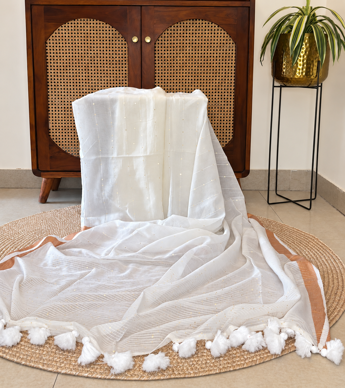 Ivory Mul Cotton Saree with Sequins