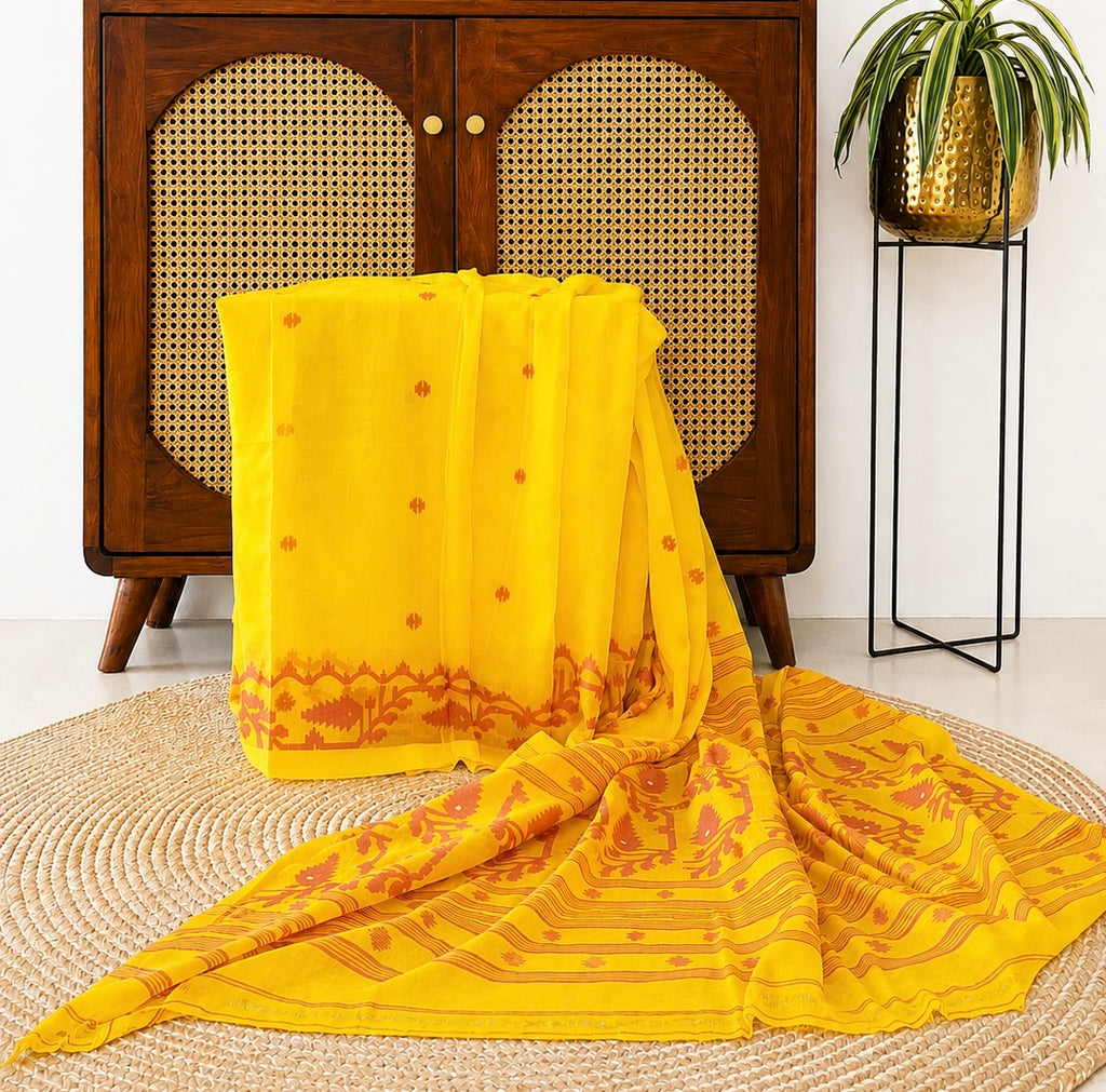Yellow Jamdani Mul Cotton Saree