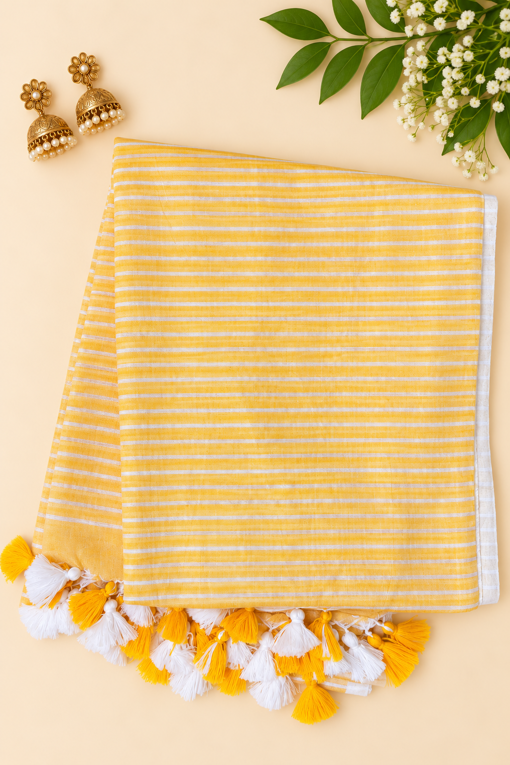Yellow Mul Cotton Saree with White Stripes